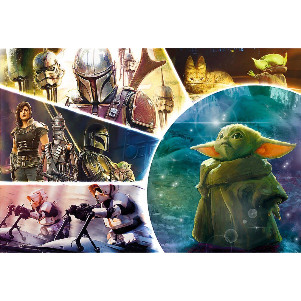 Puzzle Star Wars Mandalorian, 100 pezzi. Baby Yoda in primo piano. Marchio Trefl.