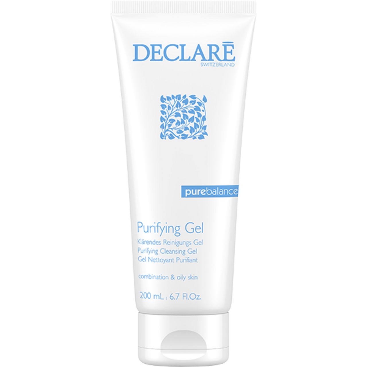 Tubo bianco con logo e testo blu. Scritto: Purifying Gel, combinazione & pelle grassa.