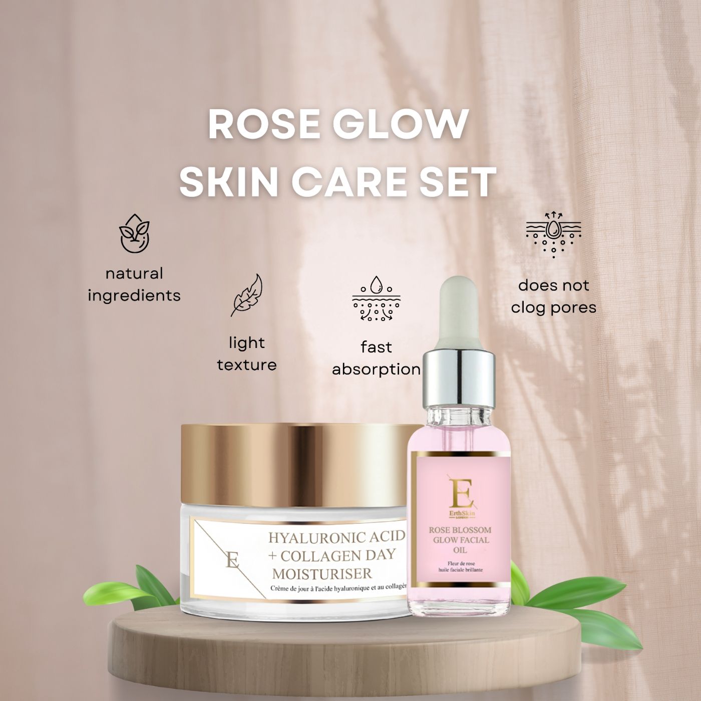 Set per la cura della pelle. Crema giorno e olio viso. Crema con coperchio dorato, etichetta con testo. Flacone di olio con pipetta, liquido rosa, etichetta con testo.