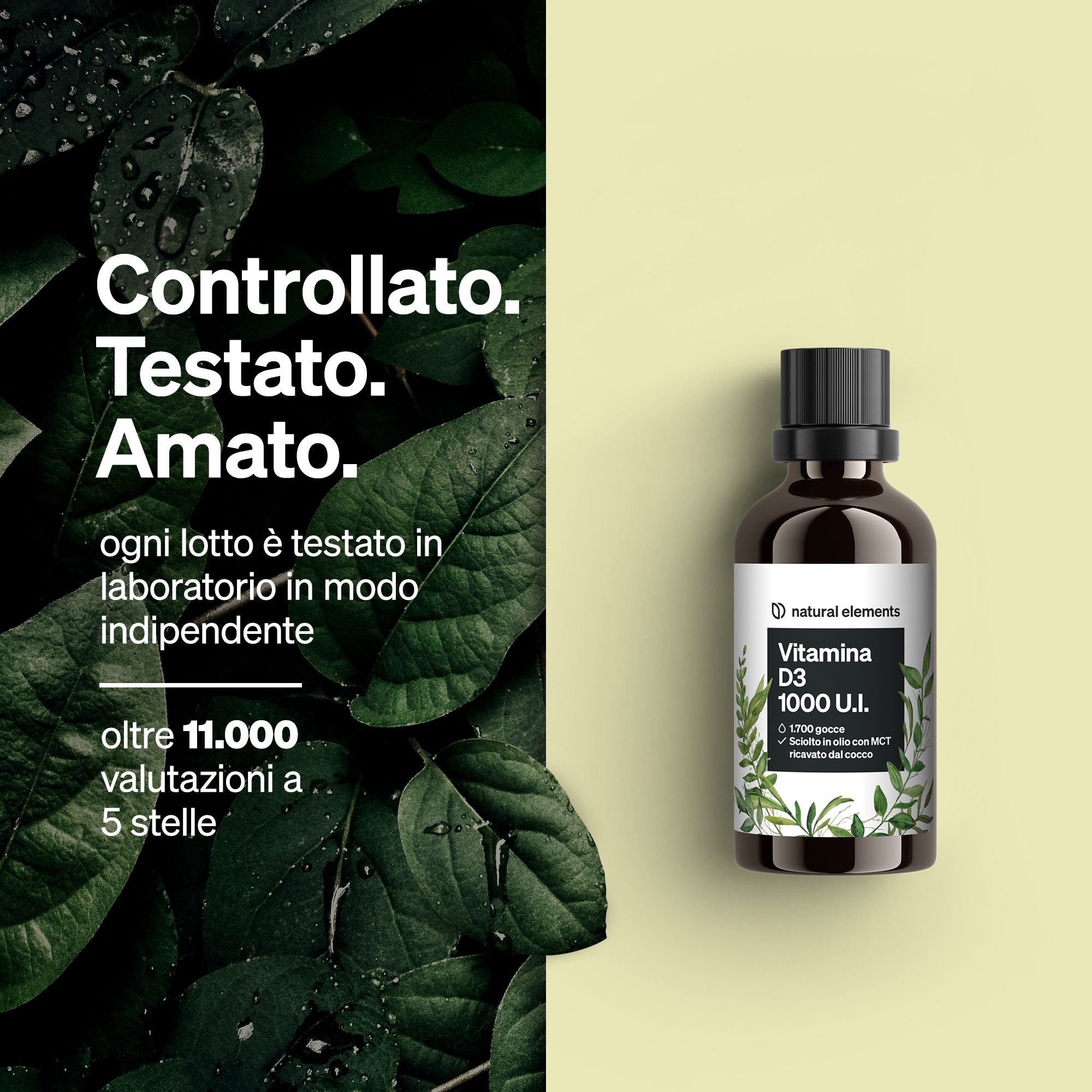 Flacone in vetro marrone con contagocce per Vitamina D3, 1000 UI, accanto a foglie verdi.