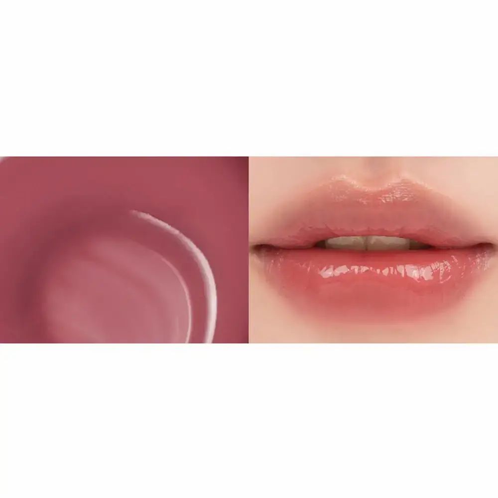 Primo piano di labbra lucide. Accanto, primo piano del lucidalabbra nel suo contenitore.