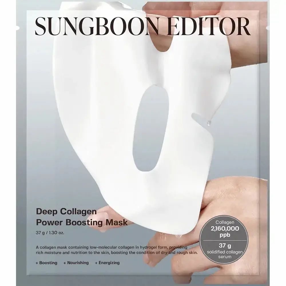 Maschera viso in confezione. Marchio SUNGBOON EDITOR. Testo: Deep Collagen Power Boosting Mask. Contiene 37g.