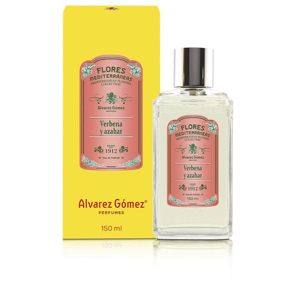 Flacone e scatola. Scritta: Flores Mediterraneas, Verbena y Azahar, Alvarez Gómez, 150 ml.