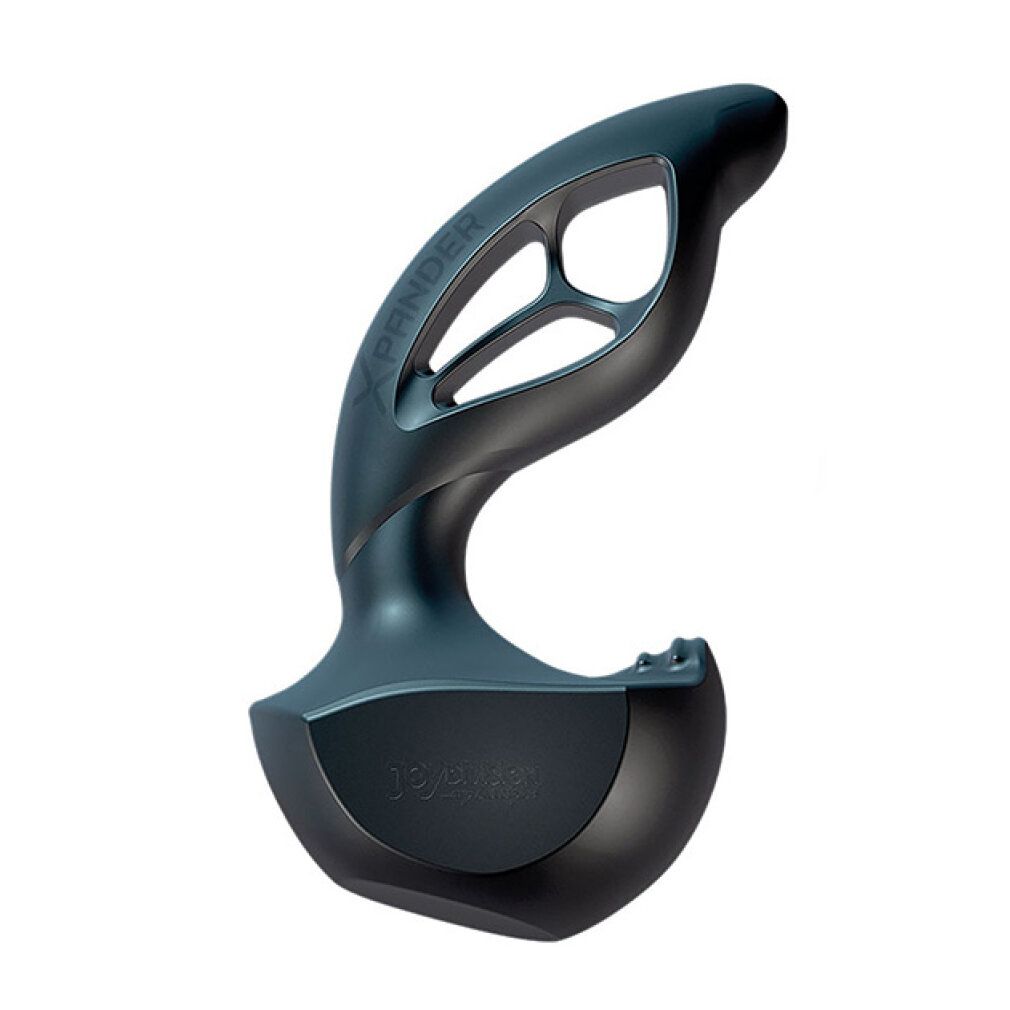 Prodotto grigio scuro con forma curva e aperture. Base arrotondata, vista dall'alto.