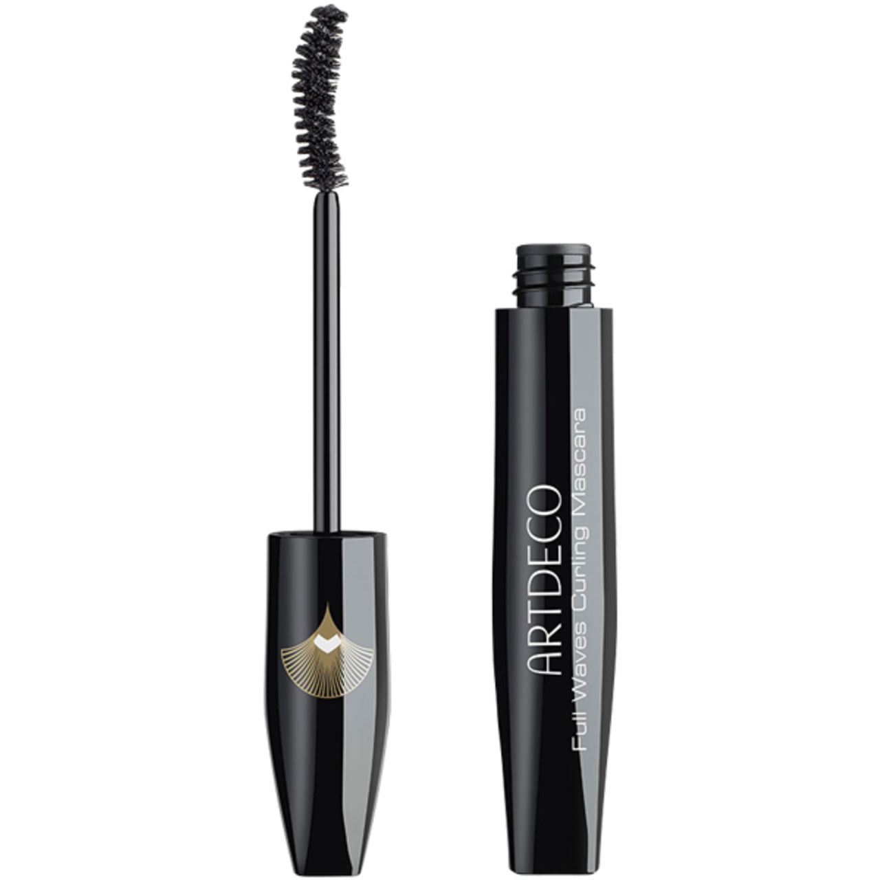 Spazzola e contenitore neri per mascara. Sul contenitore è scritto "ARTDECO Full Waves Curling Mascara".