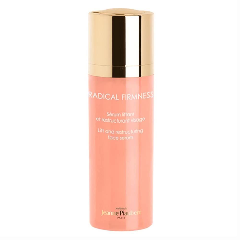 Flacone rosa con tappo dorato. Scritta: RADICAL FIRMNESS, Sérum liftant et restructurant visage, Jeanne Piaubert.
