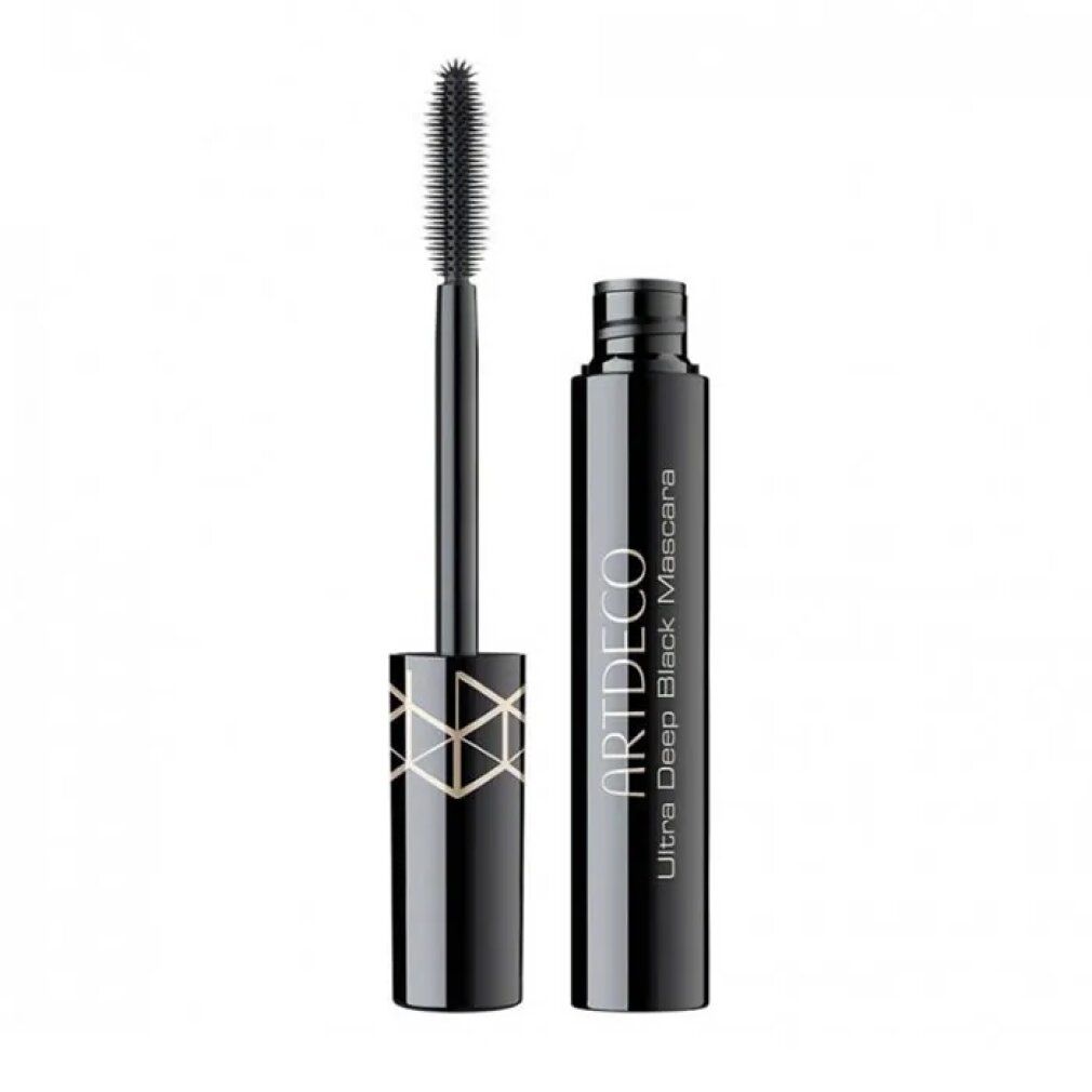 Tubo di mascara nero con spazzola aperta. Sul tubo è scritto "ARTDECO Ultra Deep Black Mascara".