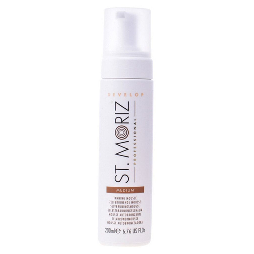 Flacone bianco con erogatore. Scritta: St. Moriz Professional, Medium, mousse autoabbronzante. 200ml.