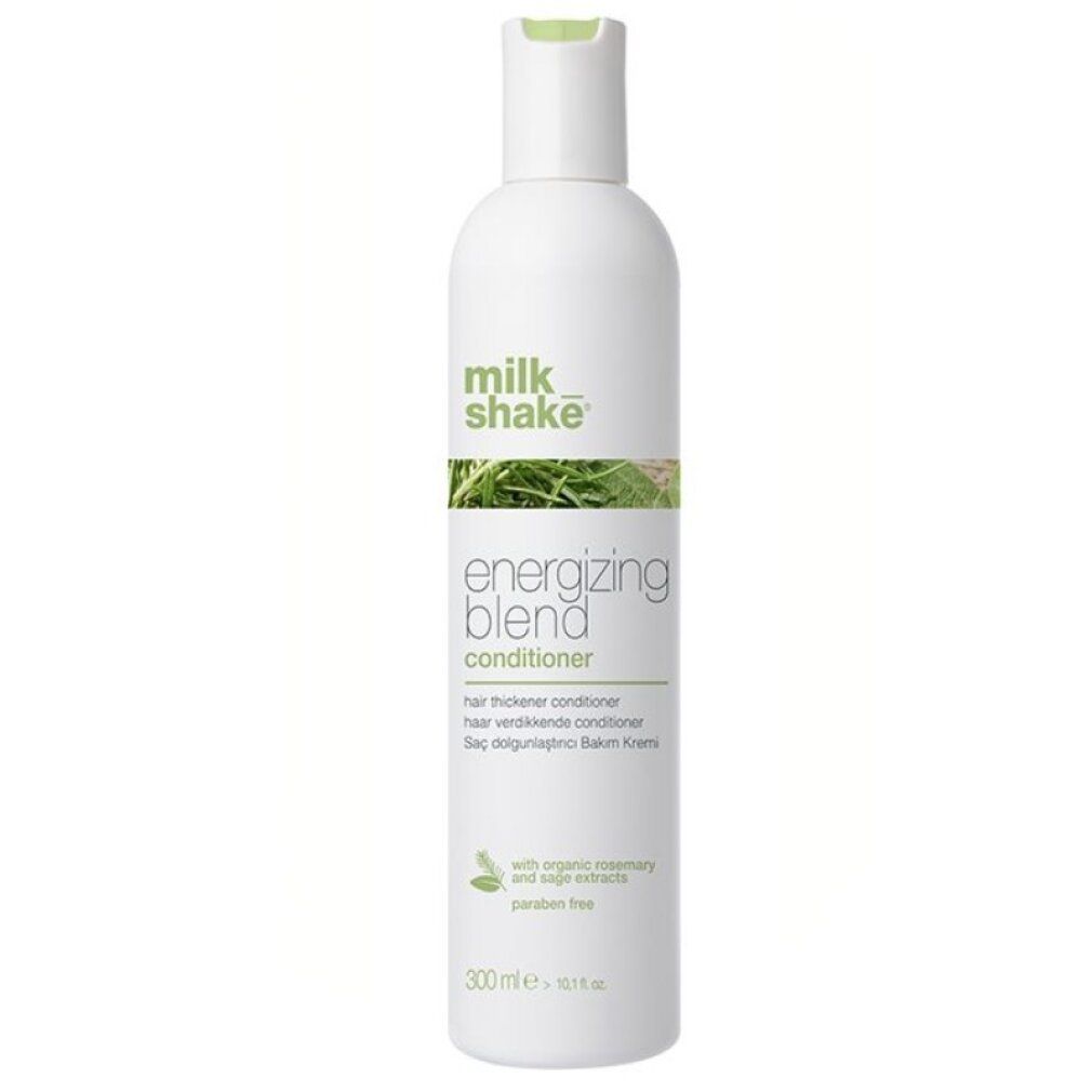 Flacone bianco con stampa verde. Scritta: milk_shake Energizing Blend Conditioner. Contiene estratti di rosmarino e salvia. 300 ml.