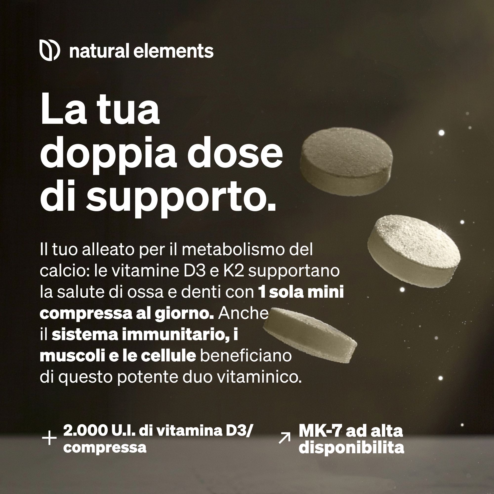 Flacone con compresse Vitamina D3/K2, etichetta con motivo vegetale, >99,7% all-trans MK-7, 240 compresse.