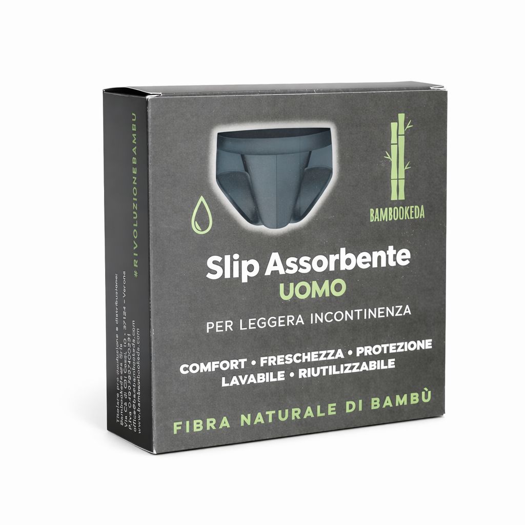 Confezione del prodotto. Scritto: Slip Assorbente Uomo, per leggera incontinenza. Bambookeda. In fibra di bambù. Scatola grigia.