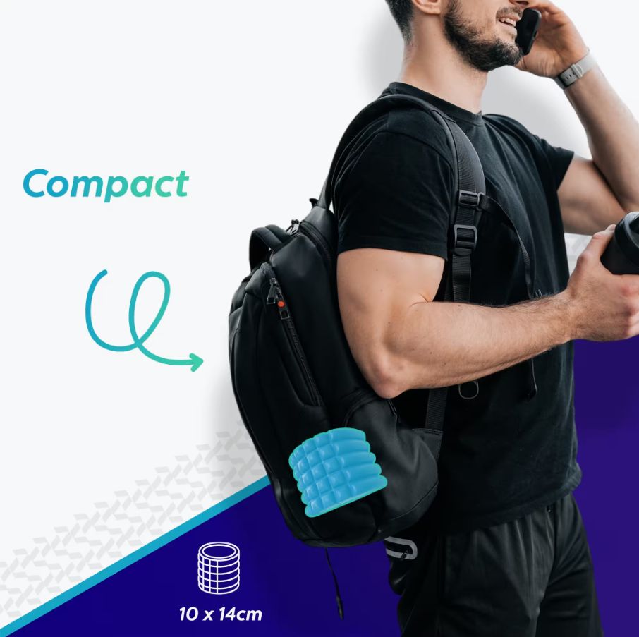 Rullo per fascia blu, 10x14 cm, attaccato a uno zaino. Uomo con zaino e telefono. Testo: Compatto.