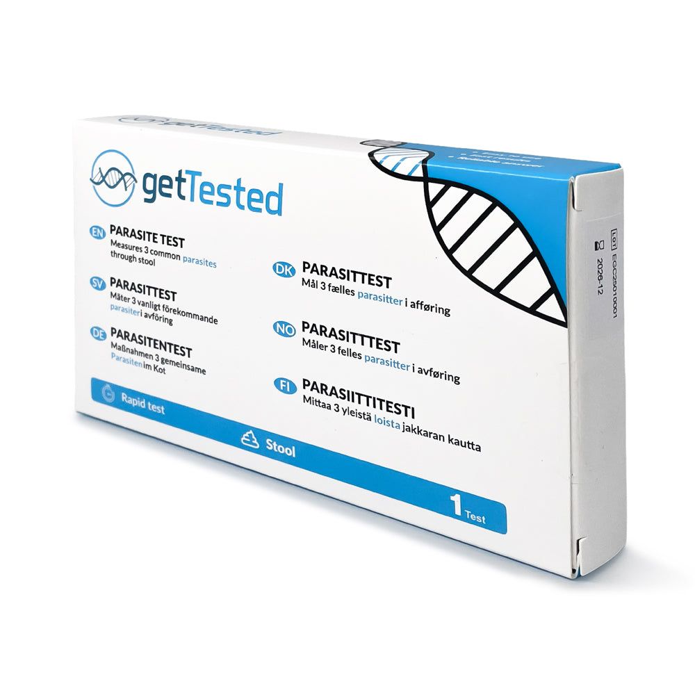 Scatola GetTested Parasite Test. Bianco e blu. Test rapido. Contiene informazioni in diverse lingue. 1 test.