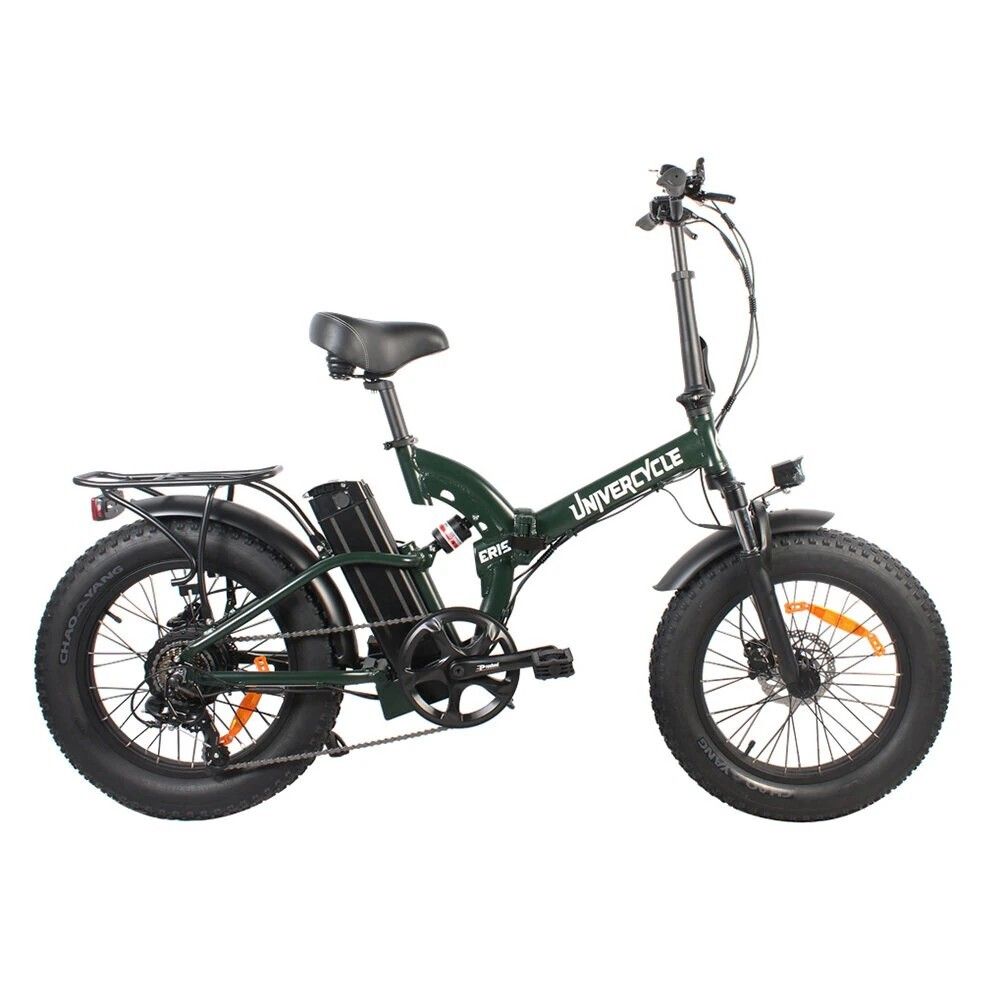 E-bike verde con pneumatici larghi, portapacchi e batteria. Marchio Univercycle.