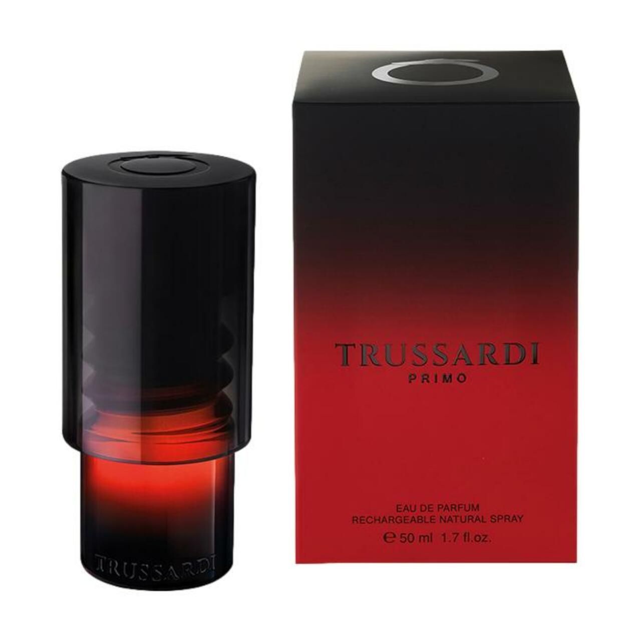 Flacone e scatola. Flacone nero-rosso, scritta "TRUSSARDI PRIMO". Scatola nero-rossa, scritta "TRUSSARDI".