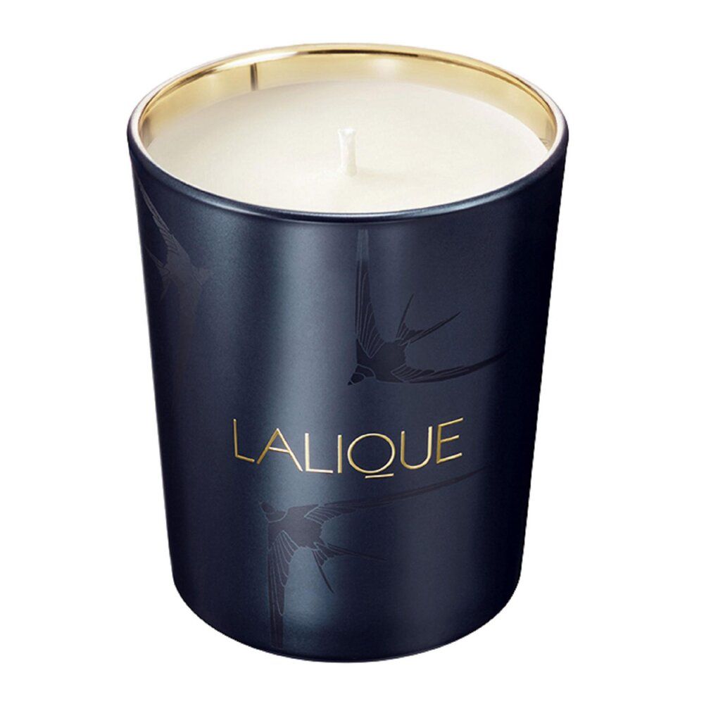 Candela blu, bordo dorato. Scritta dorata: LALIQUE. Due sagome di uccelli. Superficie di cera bianca.