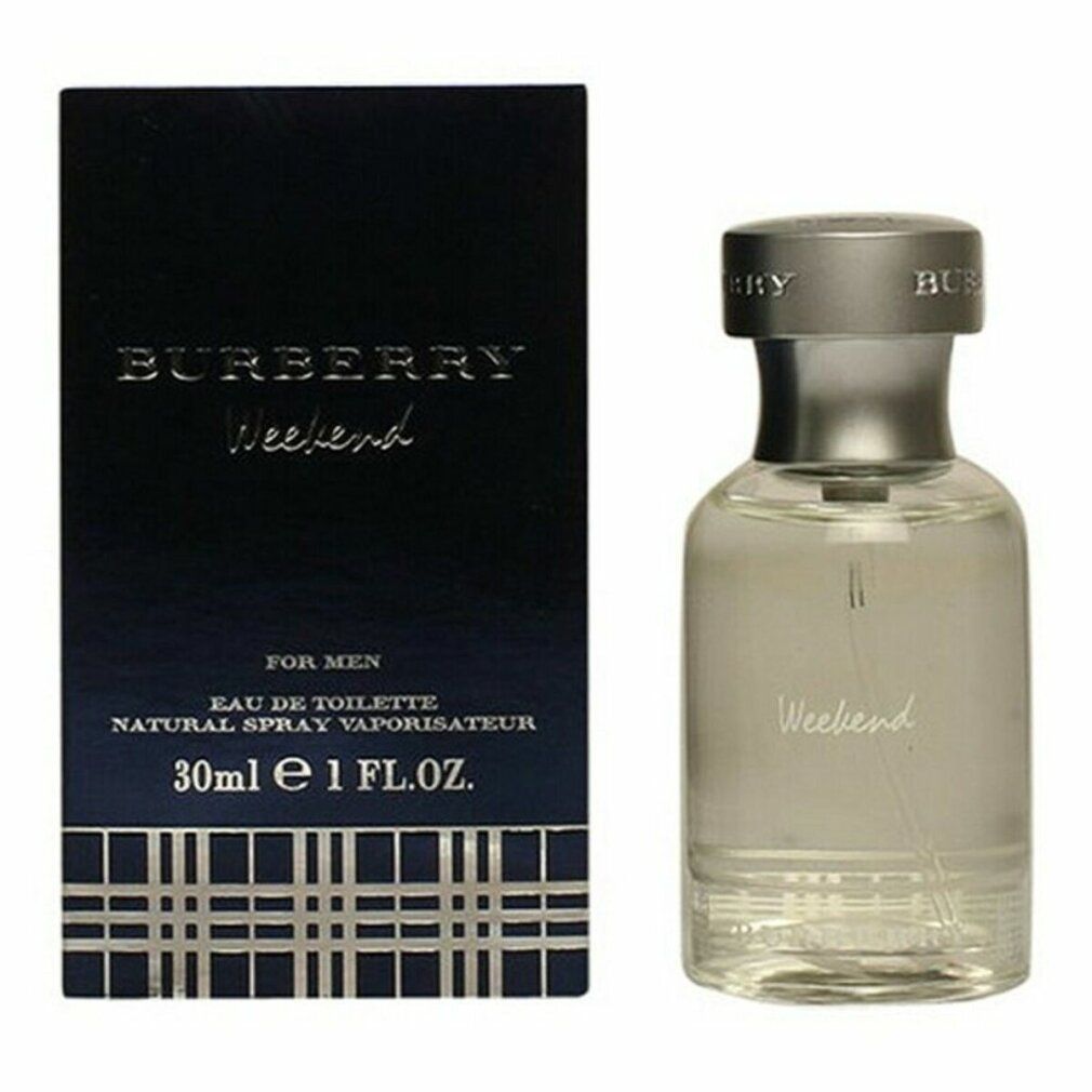Burberry Weekend Eau de Toilette Spray da uomo. Confezione e flacone neri. Scritta: Burberry Weekend, 30ml.