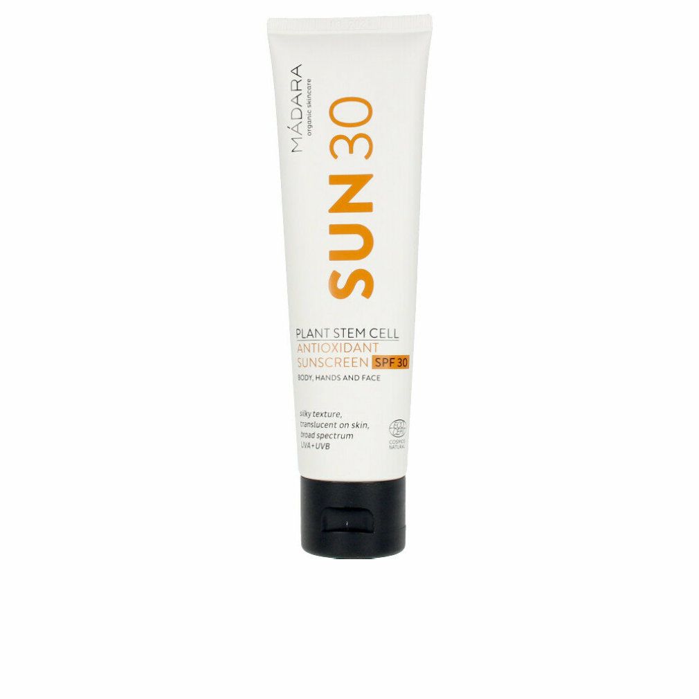 Tubo bianco con tappo nero. Scritta SUN30 e Madara. Testo: Plant Stem Cell Antioxidant Sunscreen SPF30. Per corpo, mani e viso.