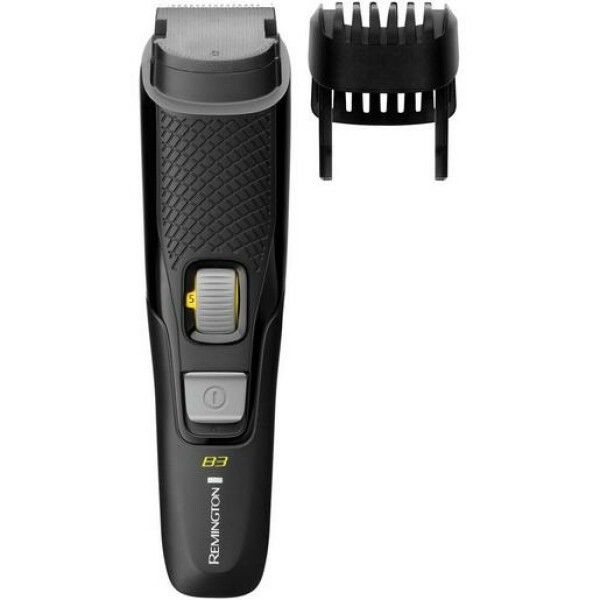 Tagliacapelli nero con accessorio rimovibile. Logo Remington e display E3 visibili.