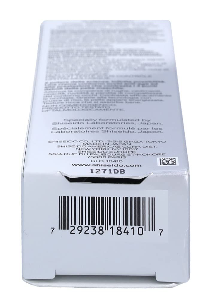 Scatola bianca con codice a barre e testo. Contiene informazioni da Shiseido Laboratories, Giappone.