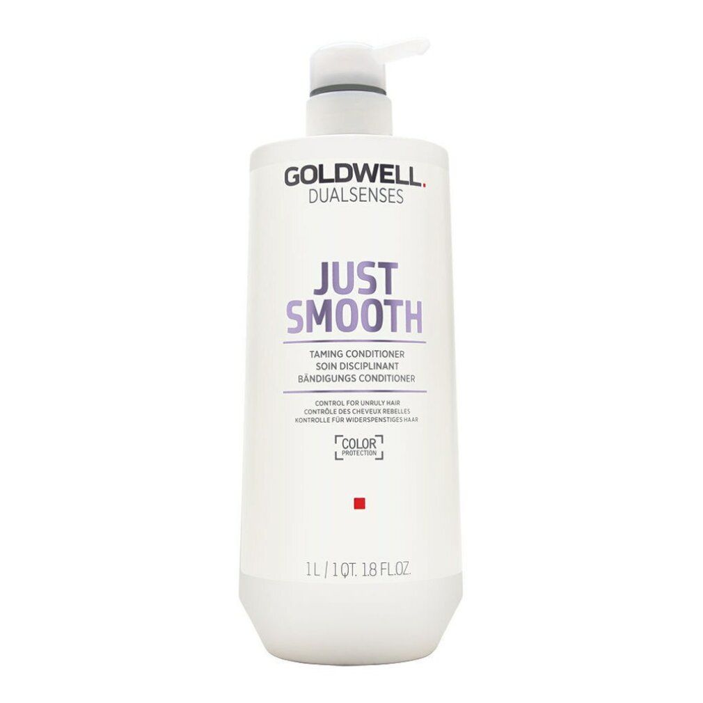 Conditioner Goldwell Dualsenses Just Smooth. Flacone bianco con dosatore. Nome e logo visibili.