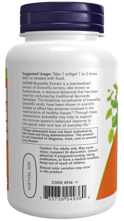 Retro del contenitore di integratore. Etichetta arancione con testo: Suggested Usage. Testo: Boswellia Extract. Codice 4936 V4.