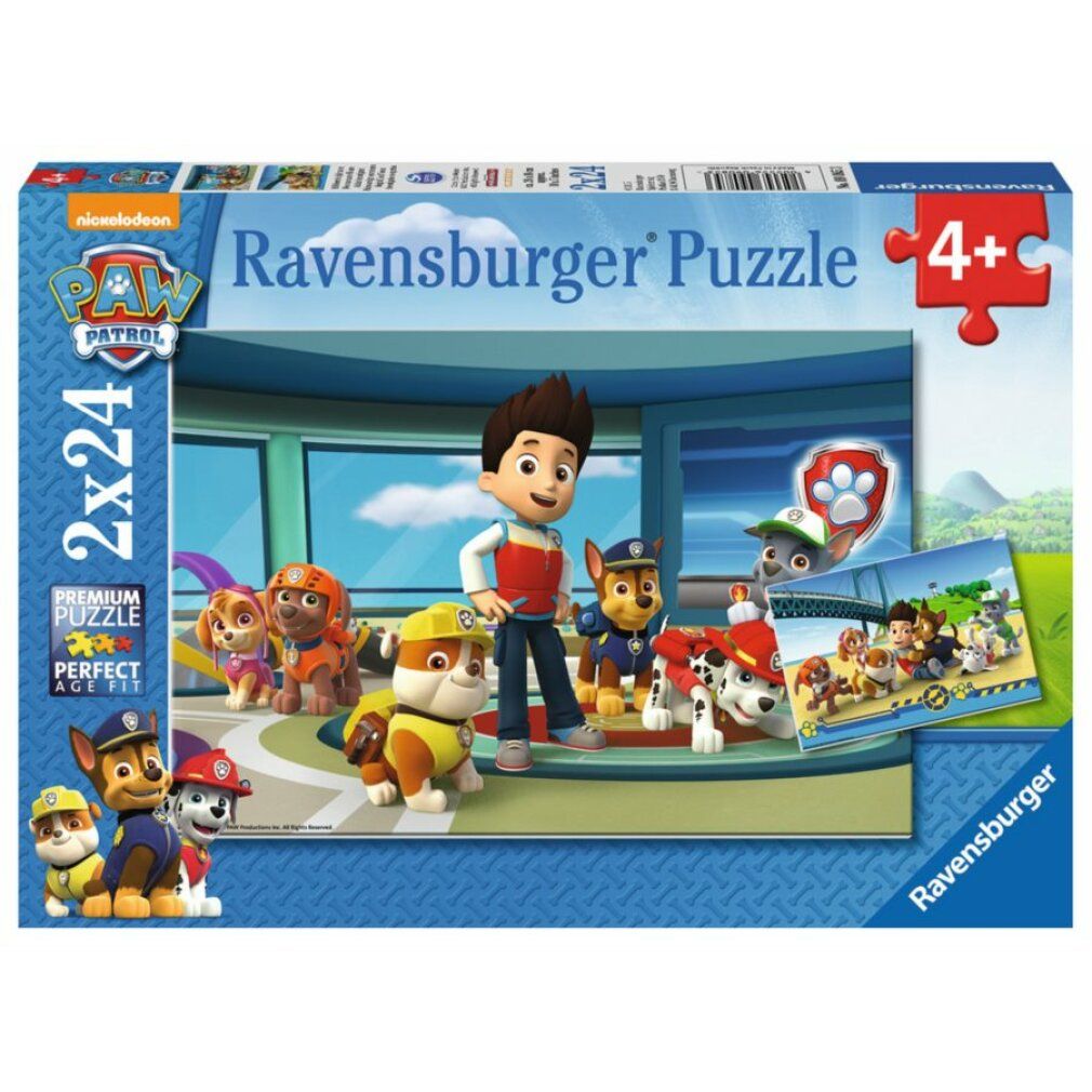 Puzzle Paw Patrol con personaggi sulla spiaggia. Ponte sullo sfondo. Logo e raccomandazione d'età non visibili.