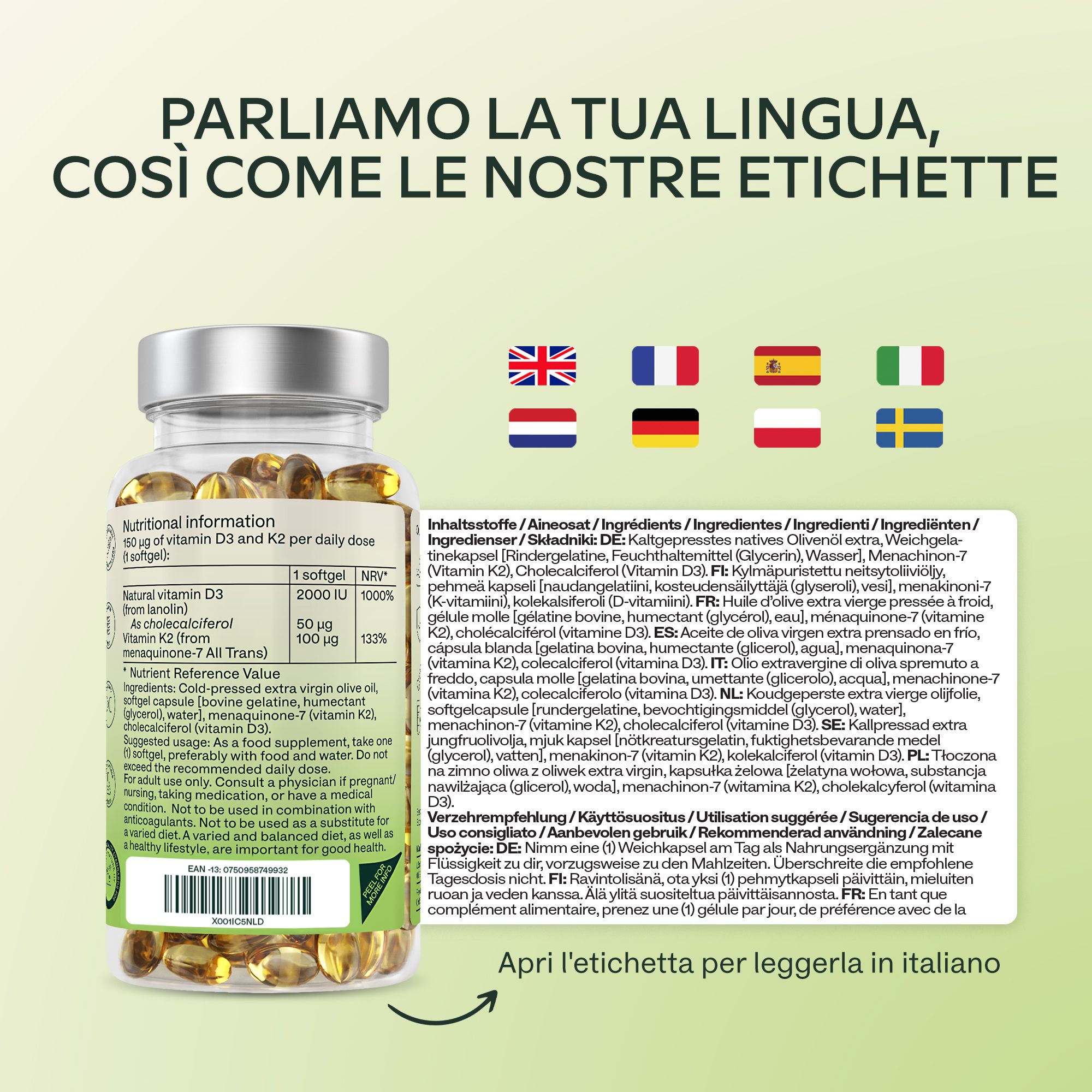 Flacone trasparente con capsule. Scritta AAVALABS, Vitamina D3 + K2. 2000 UI D3, 100 µg K2.