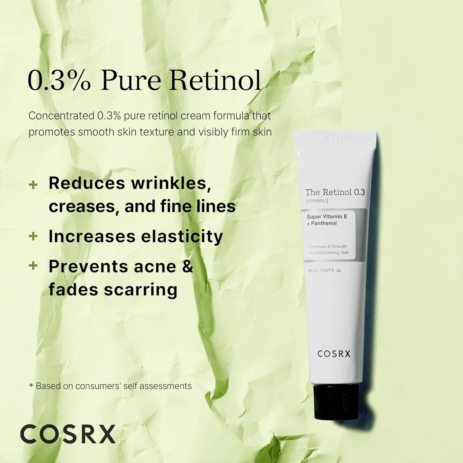 Tubo bianco con tappo nero. Testo: 0.3% Pure Retinol. Riduce le rughe. Logo COSRX. Sfondo verde.