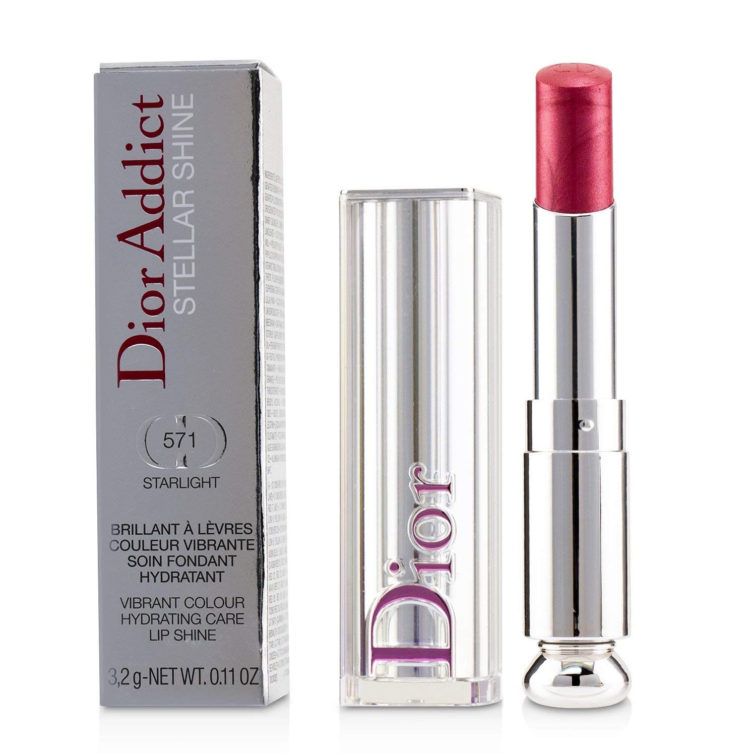 Rossetto Dior Addict Stellar Shine con confezione. Rossetto argento, colore rosa. Testo sulla confezione.