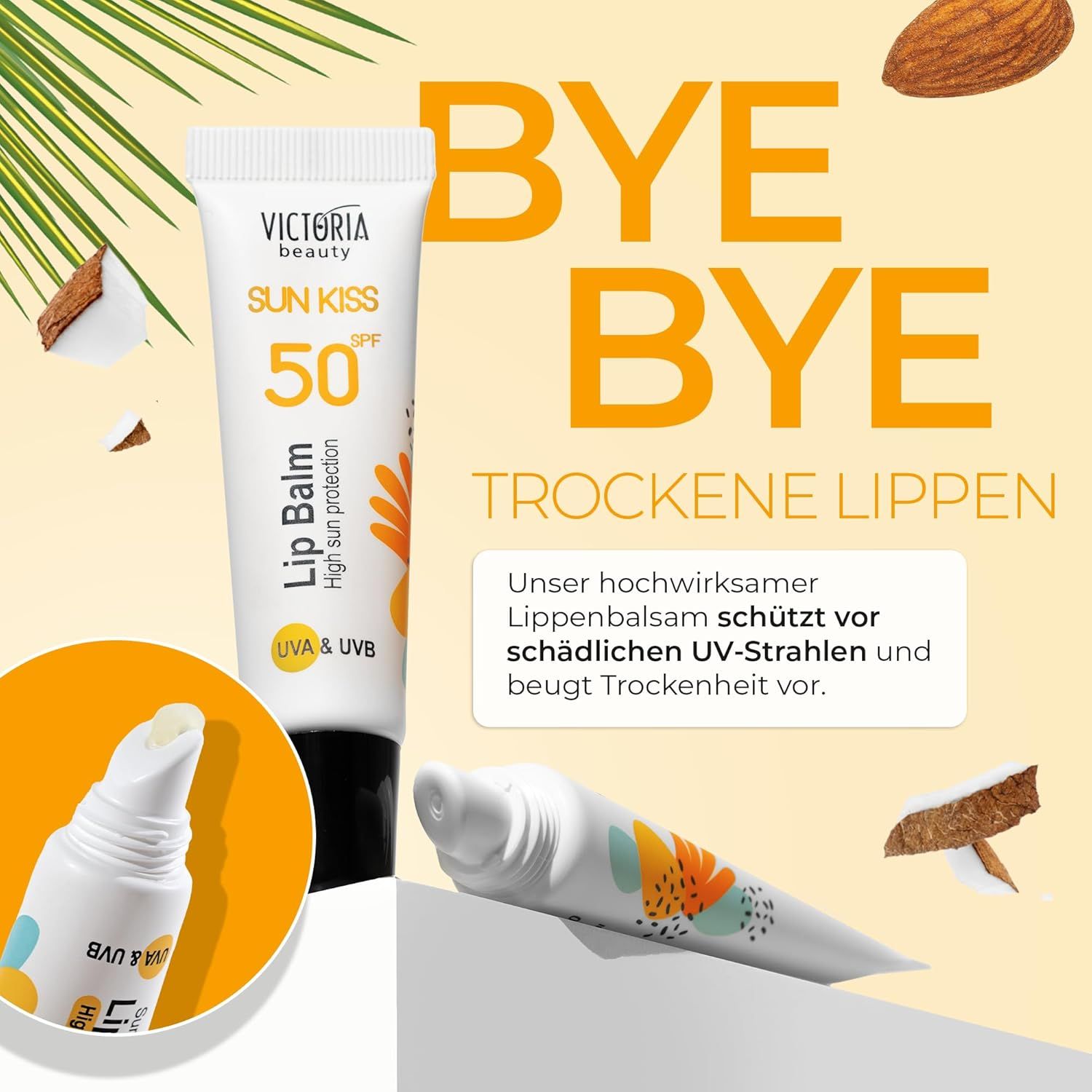 Balsamo labbra Victoria Beauty, SPF 50. Tubo e prodotto. Testo: Bye Bye labbra secche. Protegge dai raggi UV.