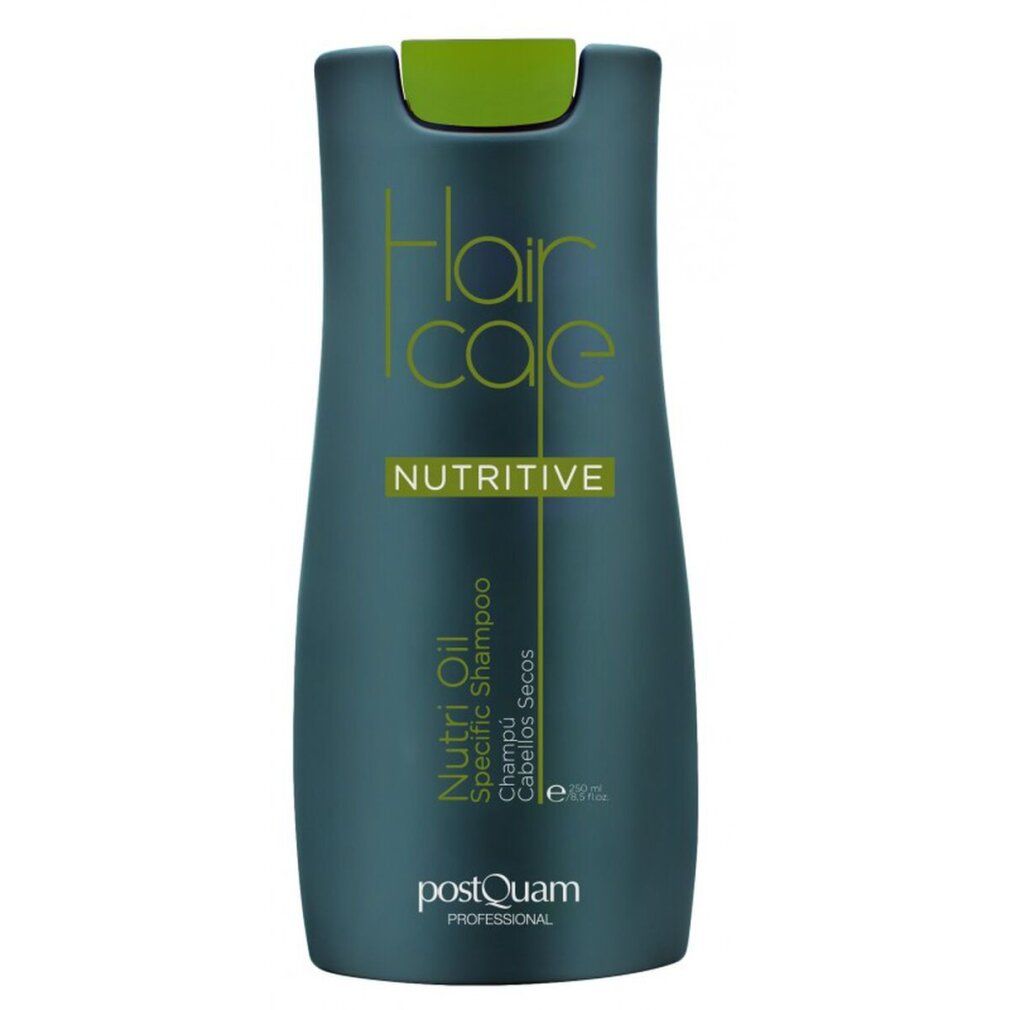 Flacone verde scuro con tappo verde. Scritta: Hair Care Nutritive, Nutri Oil Specific Shampoo. Marchio: Postquam Professional.