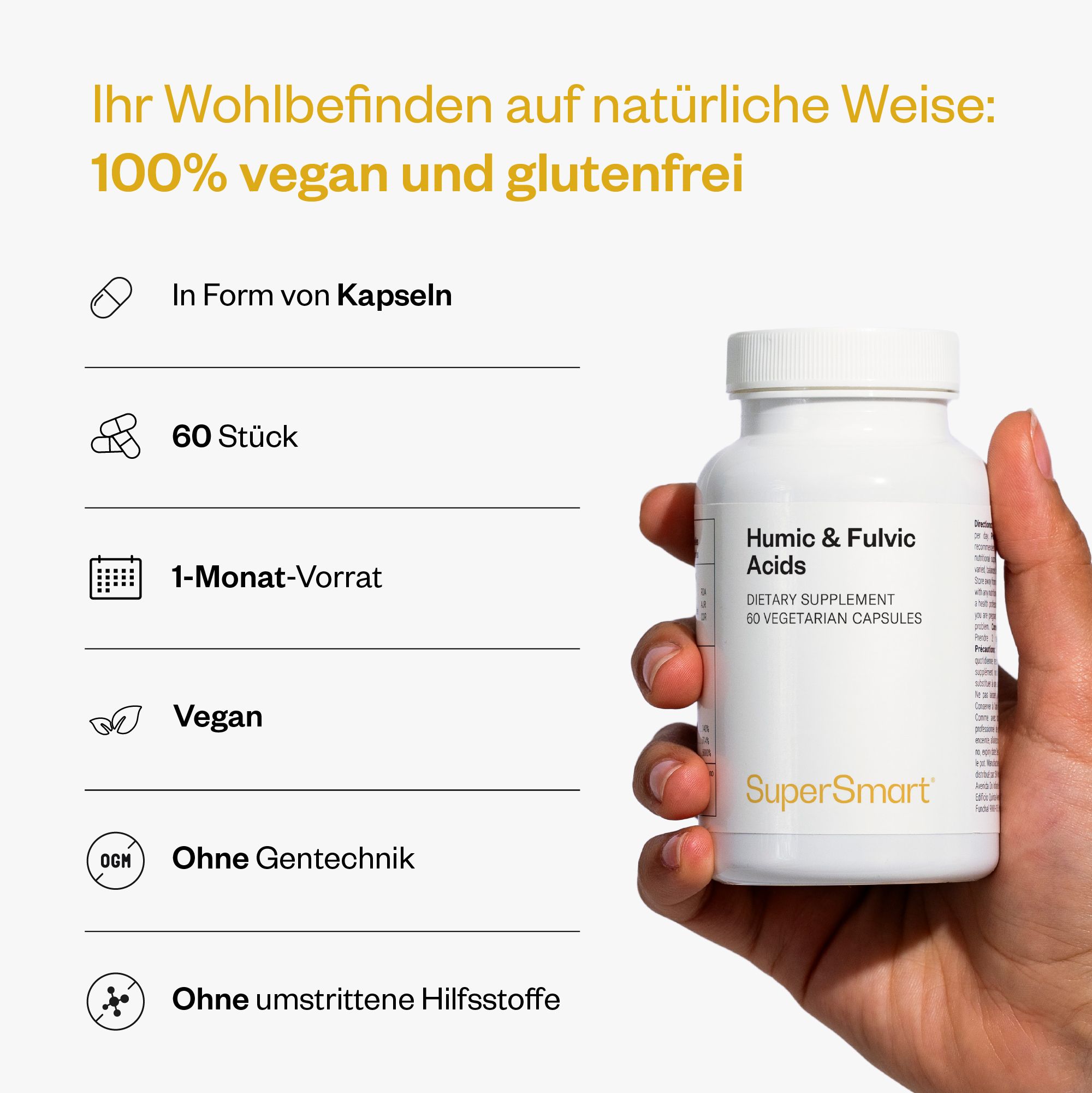 Flacone bianco di Humic & Fulvic Acids, 60 capsule vegetariane. Marca: SuperSmart.