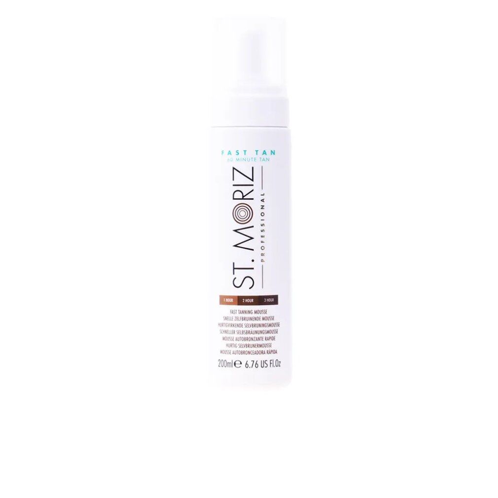 Flacone bianco con vaporizzatore. Scritta: St. Moriz Professional, Fast Tan. Sfumature di colore: 1 ora, 2 ore, 3 ore. 200ml.