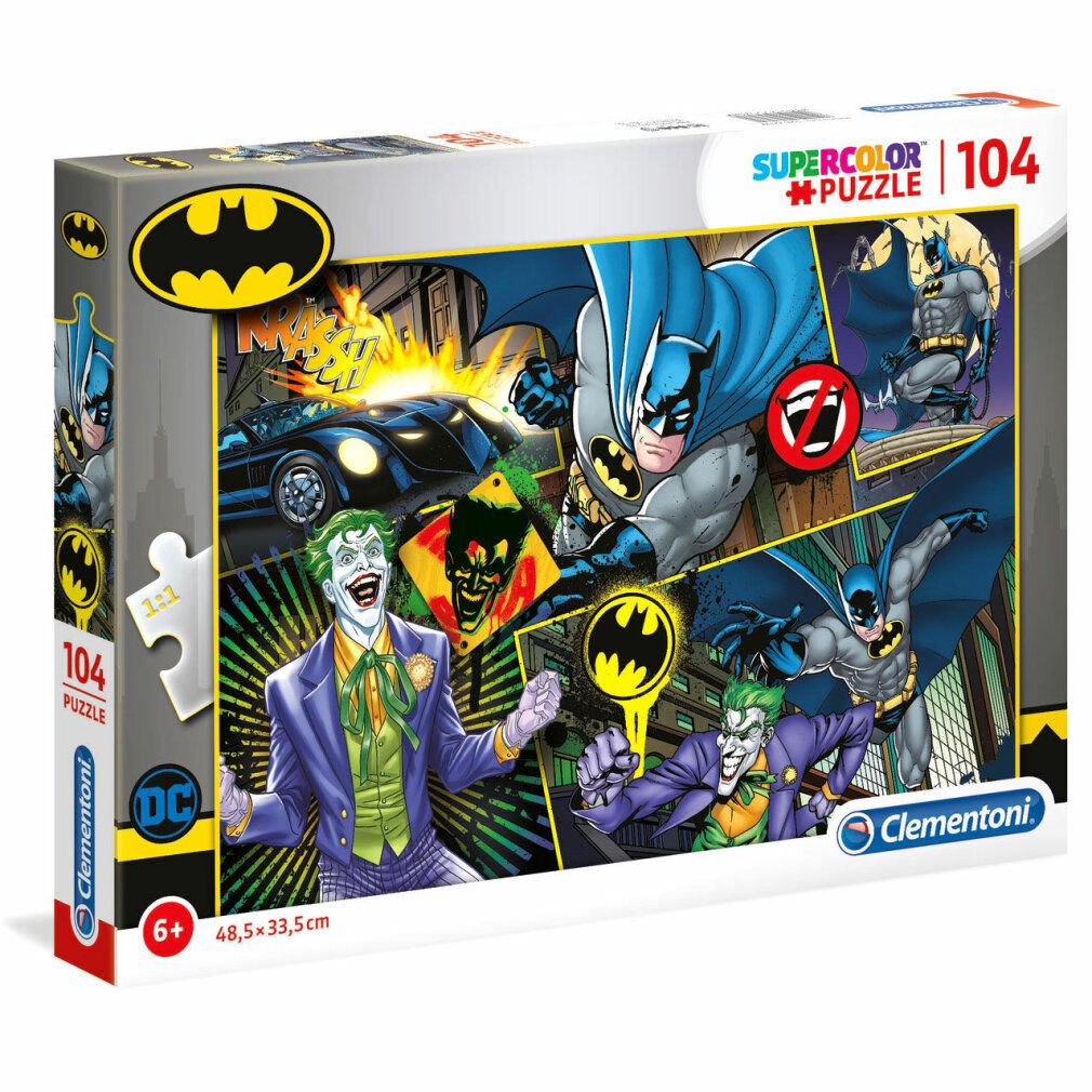 Scatola puzzle con Batman e Joker. Contiene 104 pezzi. Marchio: Clementoni. Per bambini dai 6 anni in su. Dimensioni: 48,5 x 33,5 cm.