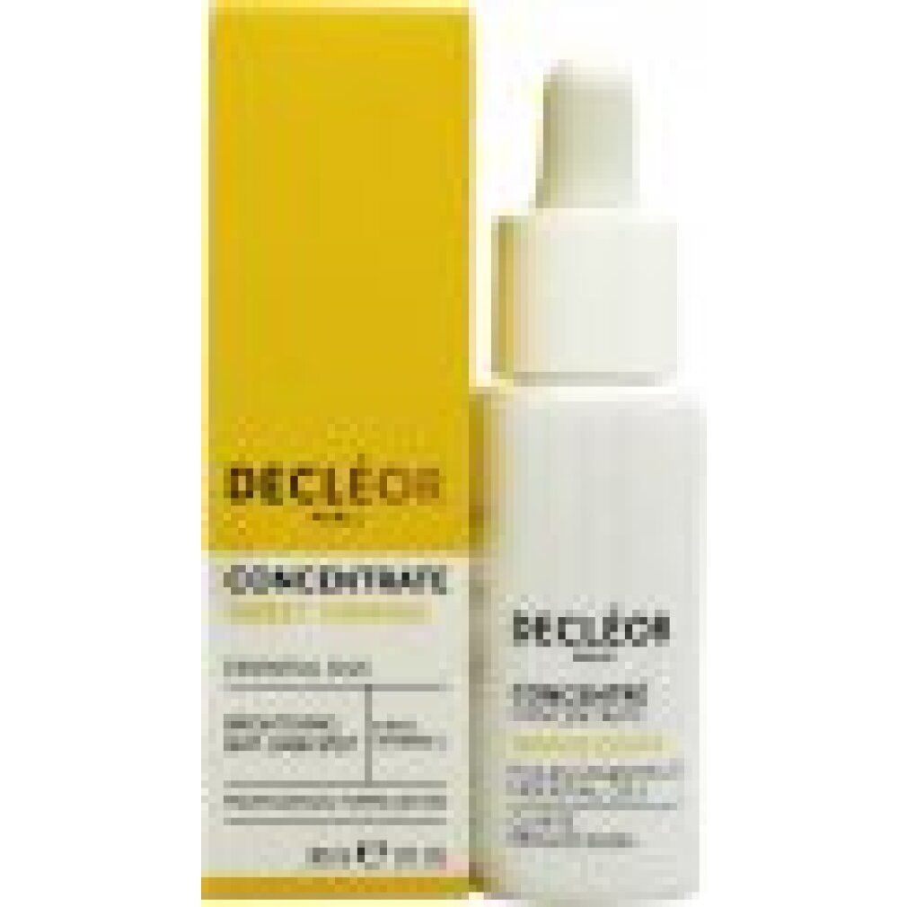 Flacone bianco e scatola gialla. Scritta: Decleor, Concentré Sweet Orange, Essential Oils, 30ml, 1 fl oz.