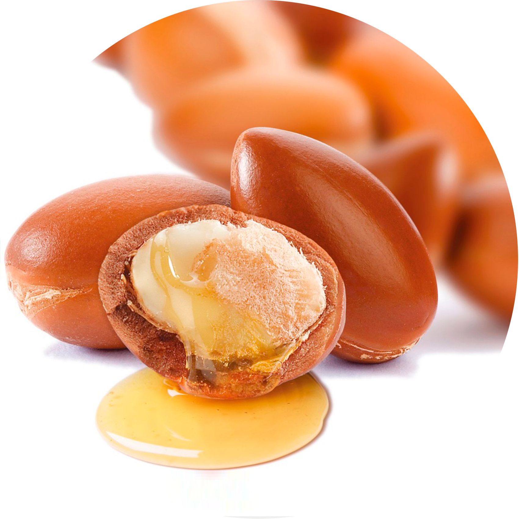 Frutti di argan, uno tagliato. Gocce d'olio. Su sfondo chiaro. Nome del prodotto non visibile.