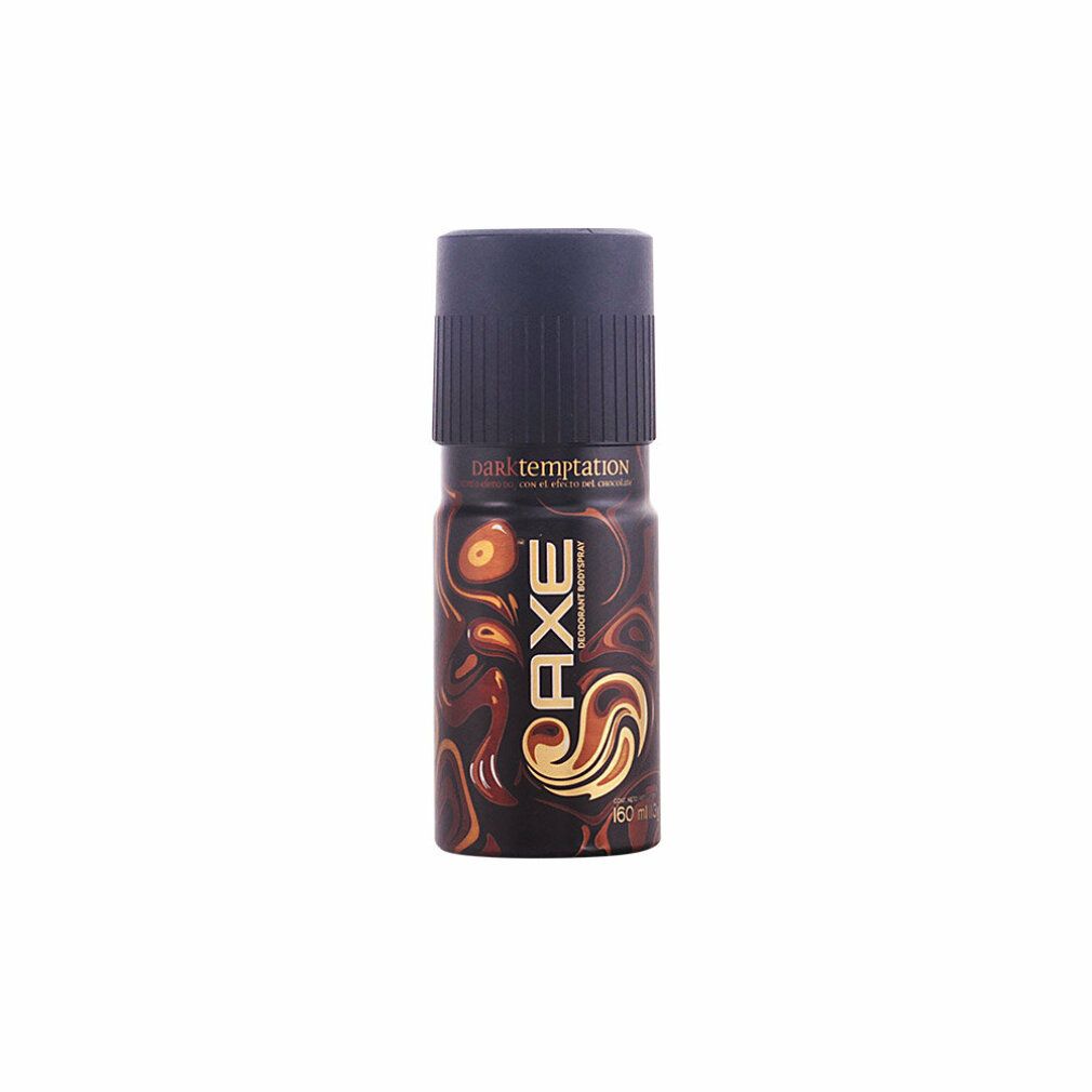 Bomboletta spray deodorante con motivo marrone. Scritta: AXE DARK TEMPTATION DEODORANT BODYSPRAY. Tappo nero.