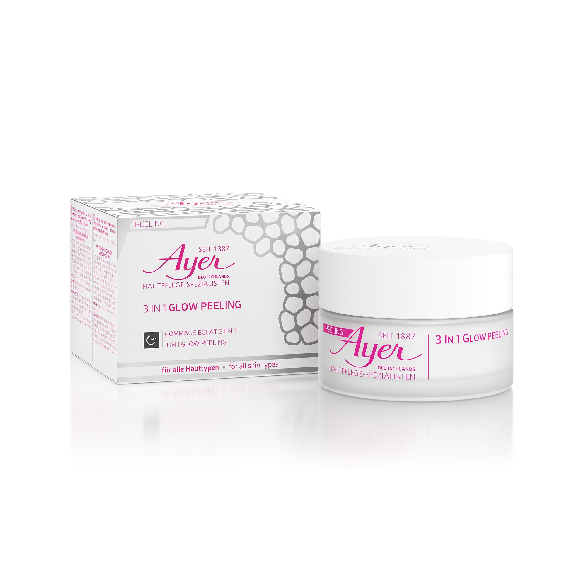 Vasetto e confezione Ayer 3 In 1 Glow Peeling. Scritte rosa su sfondo bianco.