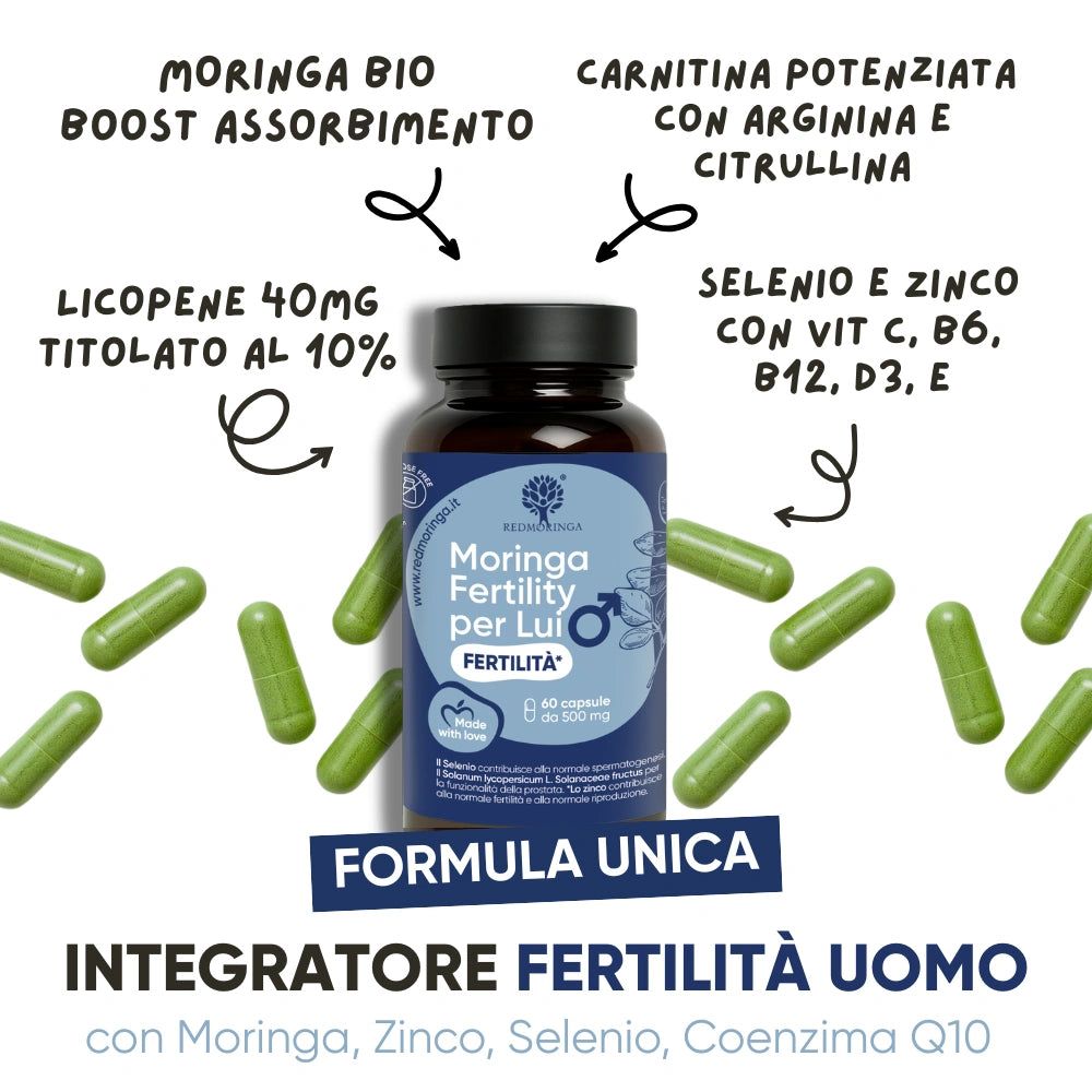 Bottiglia con capsule verdi e testo: Moringa Fertility per Lui. Testo: 60 capsule. Ulteriori frecce con testo.