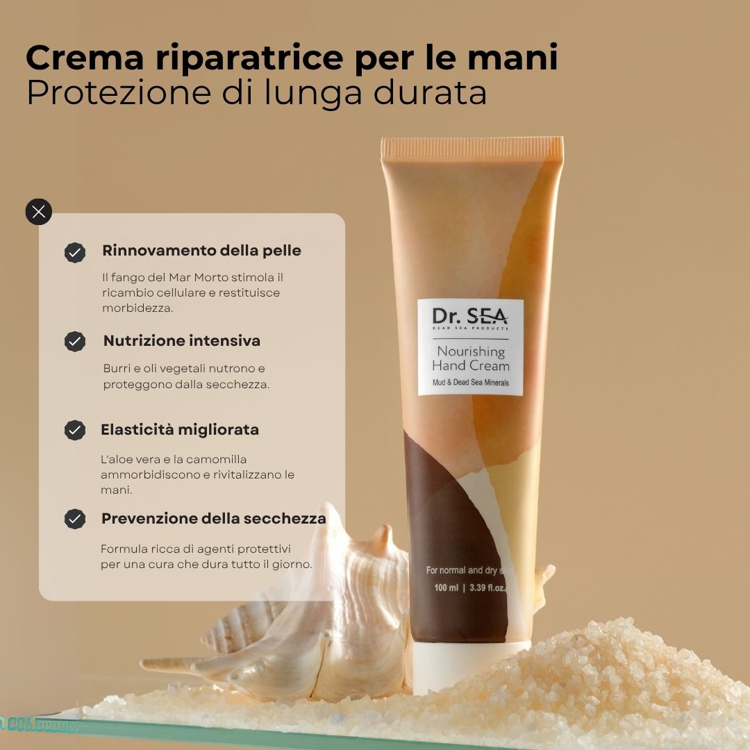 Tubo di crema mani con testo. Testo: Crema riparatrice per le mani, Protezione di lunga durata. Ingredienti e benefici elencati.