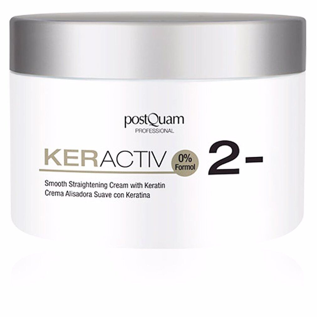 Vaso bianco con coperchio argentato. Scritta: KERACTIV, 0% Formal, 2-. Testo: Smooth straightening cream with Keratin.