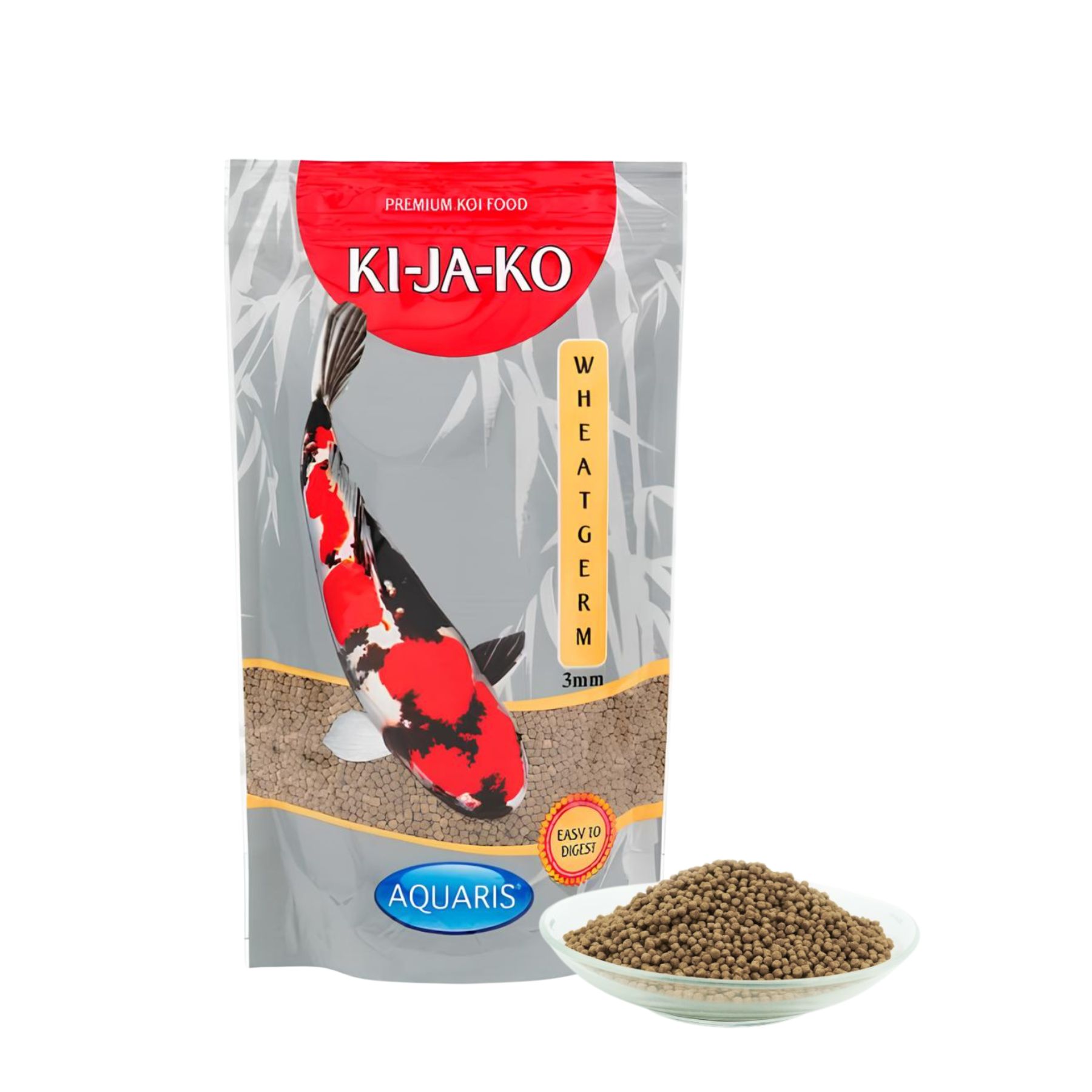 Confezione di mangime per carpe koi KI-JA-KO, germe di grano, 3mm. Immagine di un pesce koi.