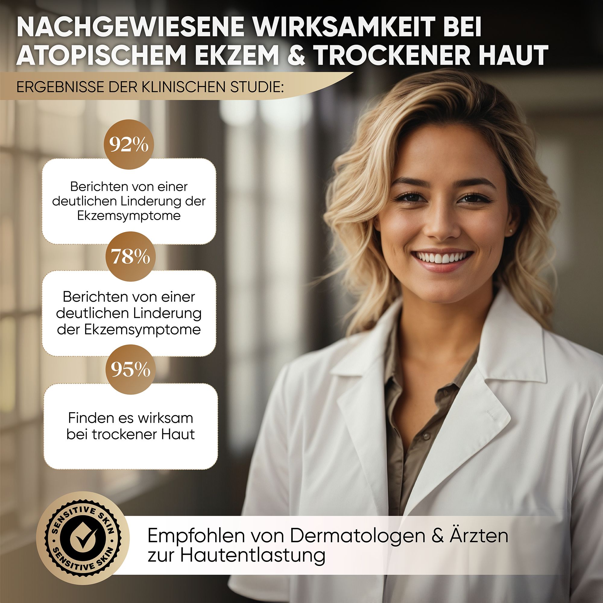 Una donna in camice bianco sorride. Testo: Efficacia provata per l'eczema atopico e la pelle secca. Raccomandato da dermatologi e medici.