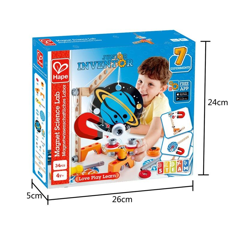 Confezione di un giocattolo da costruzione. Include il logo Hape e la scritta "Magnet Science Lab".