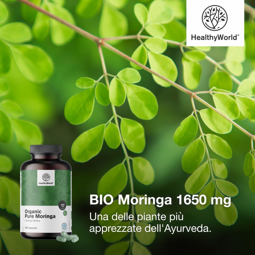 Foglie verdi e flacone con testo: BIO Moringa 1650 mg. Testo: Una delle piante più apprezzate dell'Ayurveda.