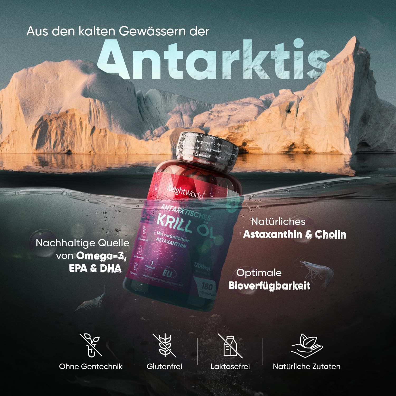 Flacone di olio di krill davanti agli iceberg. Testo: Antartide. Fonte sostenibile di Omega-3, EPA e DHA. Senza OGM.