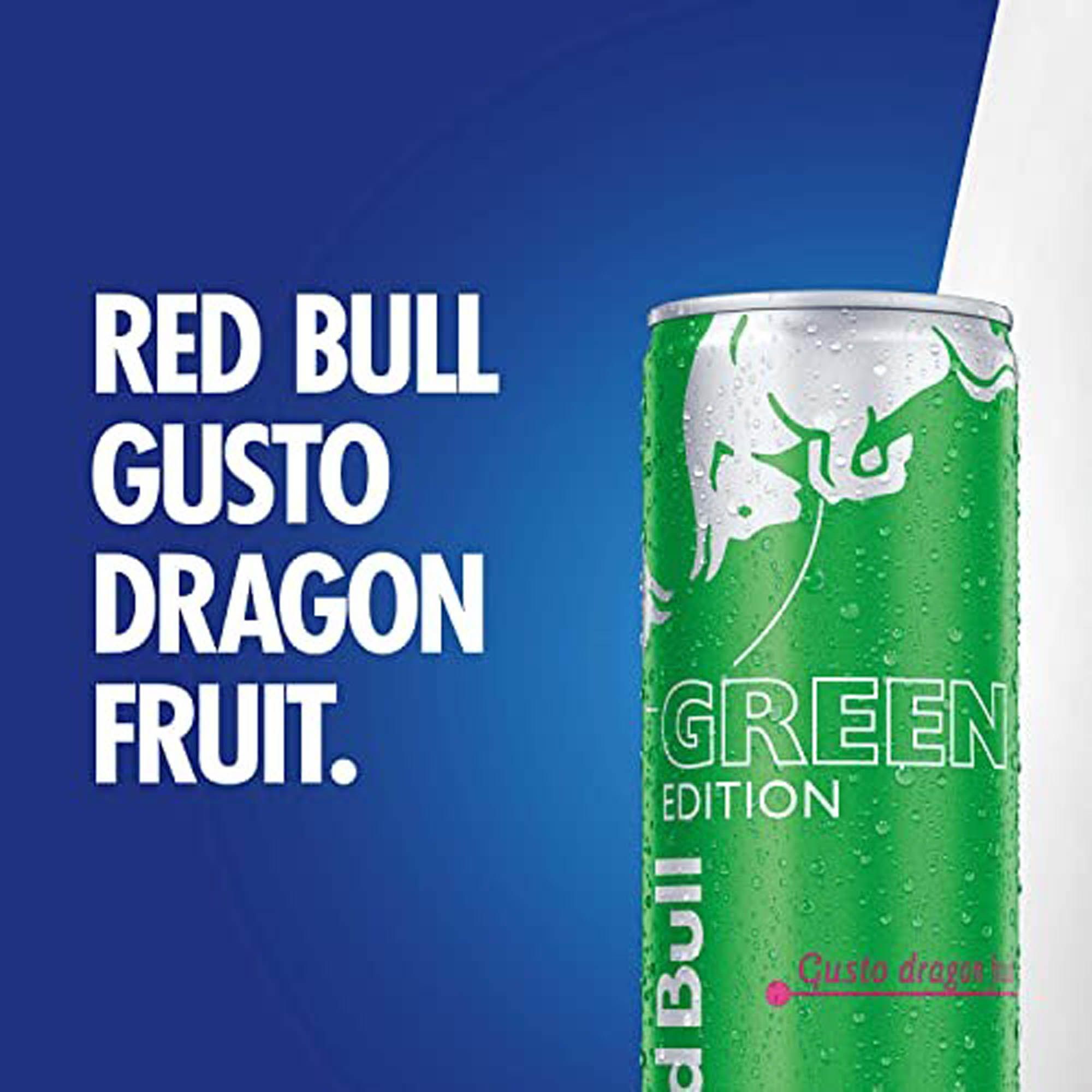 Lattina Red Bull Green Edition gusto dragon fruit, 250 ml, con testo.