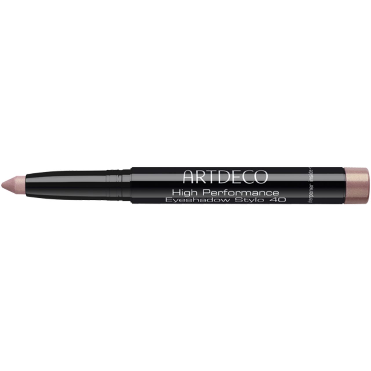 Artdeco High Performance Eyeshadow Stylo. Matita nera con ombretto rosa. Scritta del prodotto.