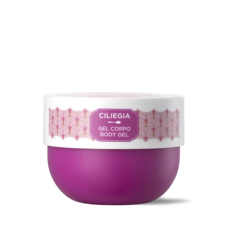 Vasetto viola con coperchio bianco, etichettato 'CILIEGIA GEL CORPO BODY GEL'.